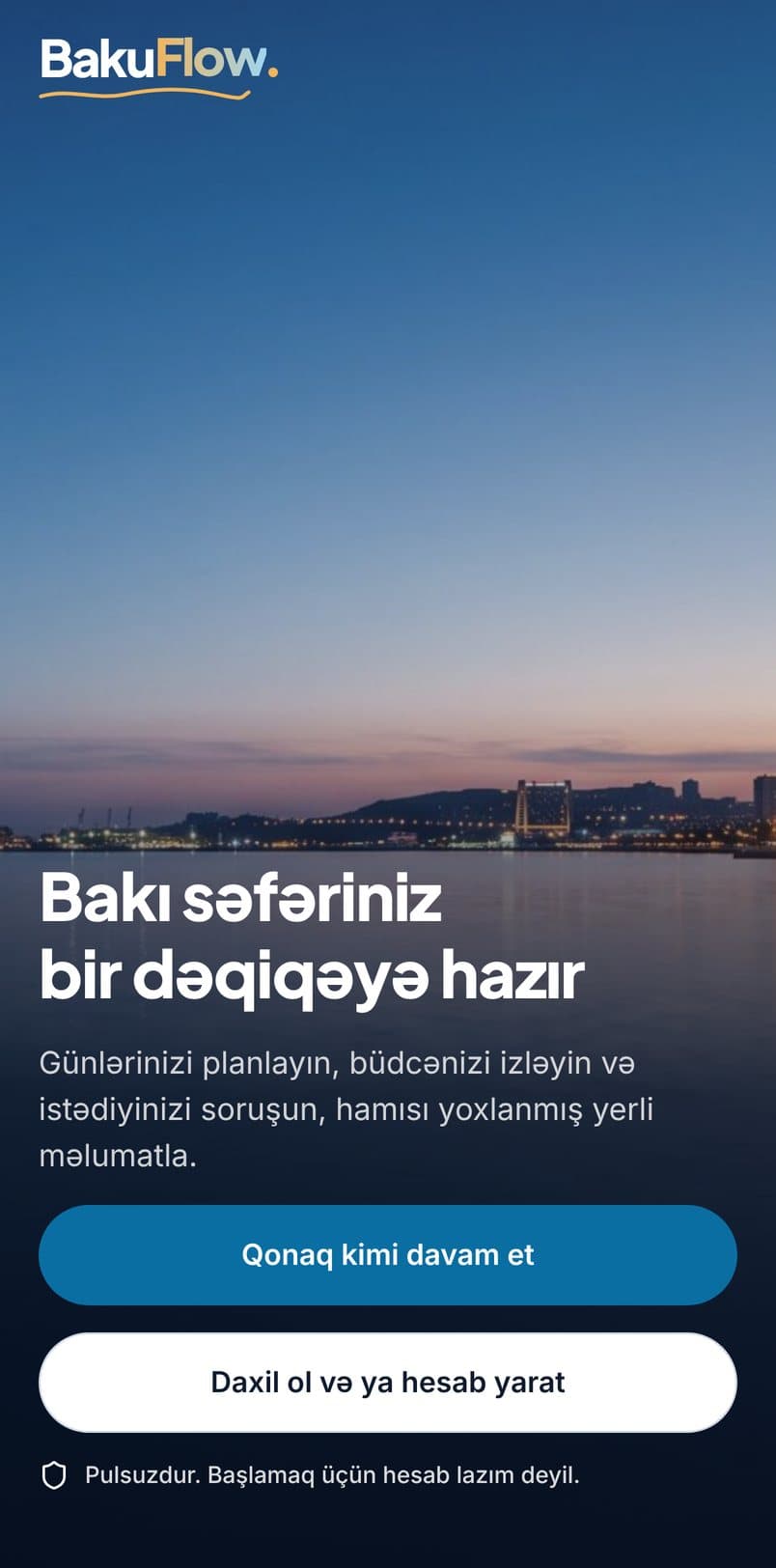 Axşam Bakı buxtası fonunda BakuFlow-un giriş ekranı